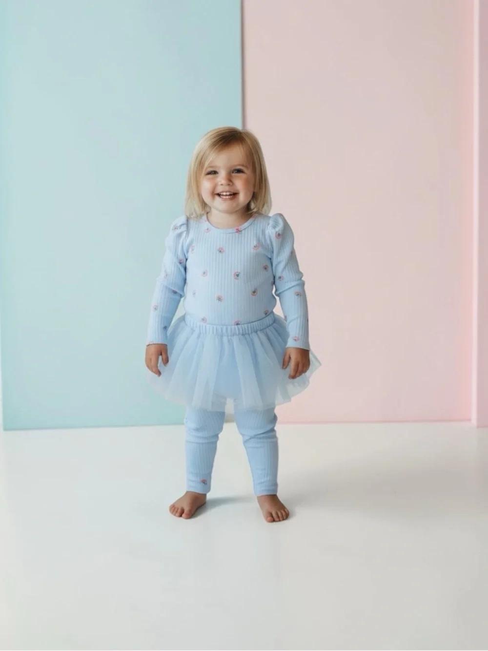 wonder nation Light Blue Ribbed Mini Rainbow Bodysuit With Tulle Skeggings